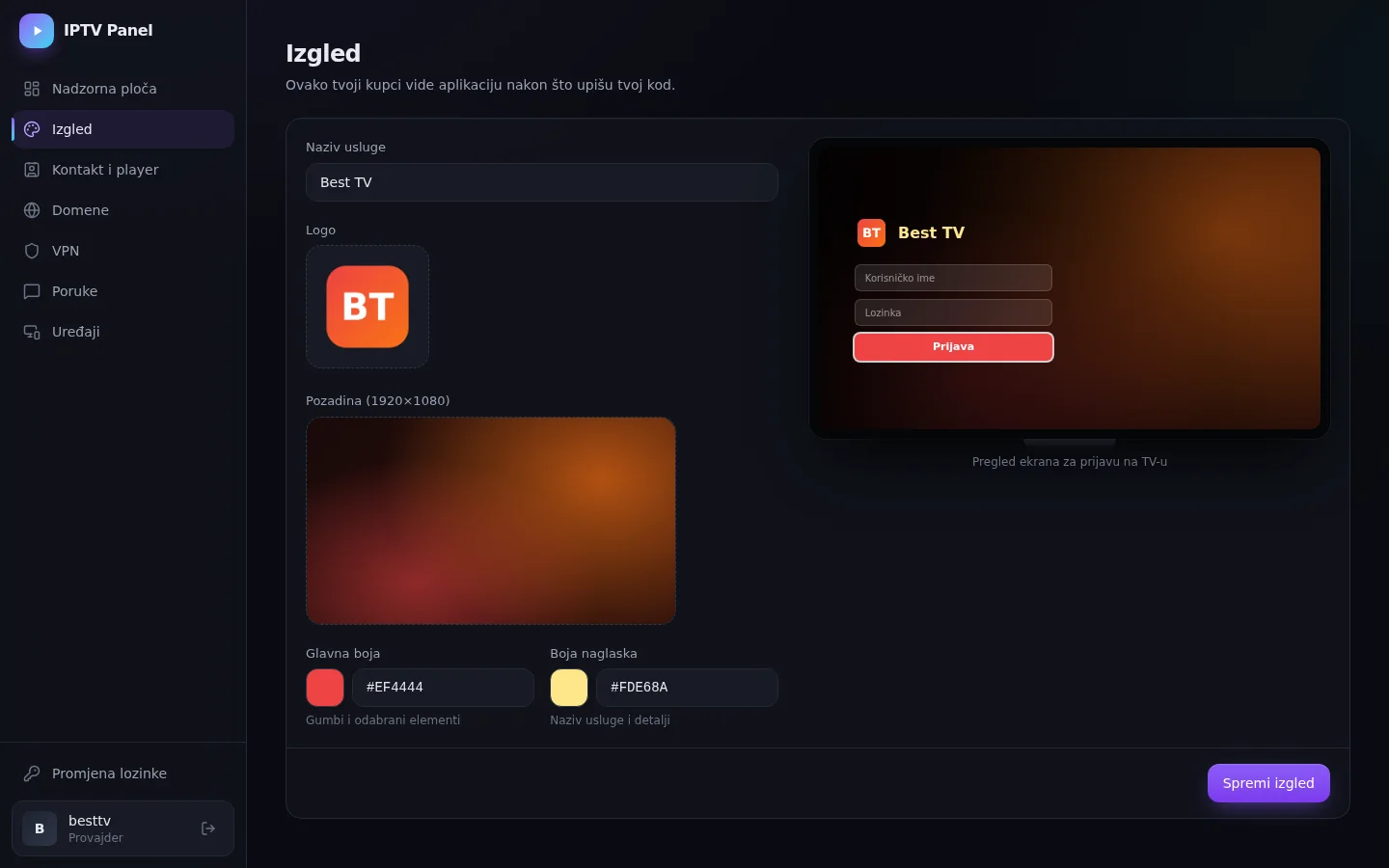 Web panel za provajdere: postavke izgleda