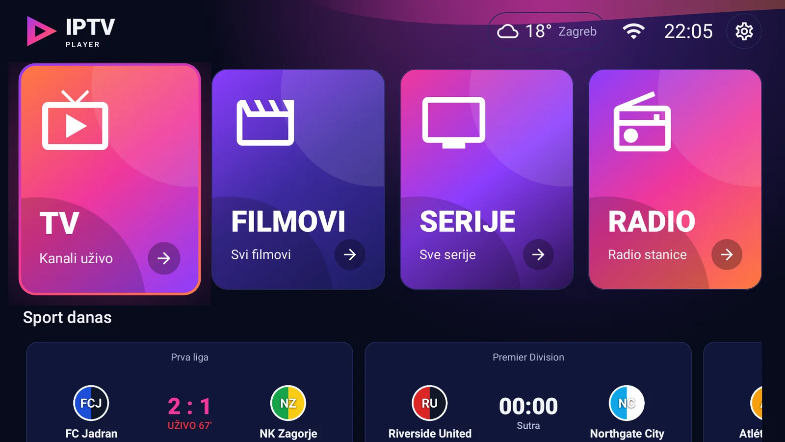 Početni zaslon aplikacije na televizoru
